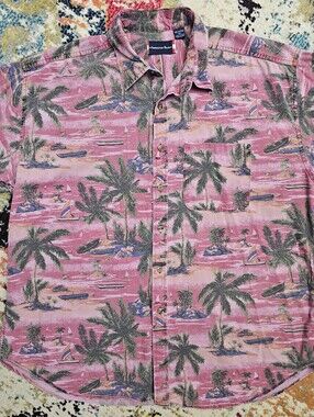 VTG American Blue Button Down Hawaiian Palm Shirt Mens XL Made In USA Vacation